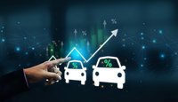Businessman pointing at car icons with percentage symbols and rising arrows, representing auto loan interest rates and vehicle financing growth.