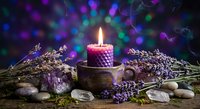 Aromatherapy spa setting with burning lavender candle surrounded by dried herbs, smooth stones and natural elements for relaxation and wellness.