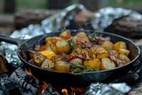 Roasted potatoes with herbs and onions cooking in cast iron skillet over open campfire flames, outdoor wilderness cuisine with rustic ambiance and smoky aroma.