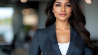 Young South Asian businesswoman with long dark wavy hair wearing navy blazer and white top smiling confidently in modern office setting with soft bokeh background.
