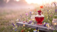 Romantic outdoor tea setting with red herbal drink in glass teapot surrounded by wildflowers at golden sunset in mountain meadow for relaxation concepts.