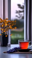 Glass cup of hot tea with fresh lavender sprigs on windowsill, orange wildflowers in vase, morning light creating cozy atmosphere for relaxation and wellness.