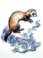 Ferret with brown and cream fur leaping over stylized blue and purple swirling water waves on isolated white background, ready for design projects.