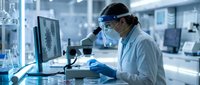 Female scientist in protective gear analyzing data on computer monitor in modern laboratory environment for research and development projects.