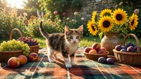 A tabby and white kitten stands among baskets of fresh produce and sunflowers in a sunny garden setting, surrounded by apples and plums for harvest themes.
