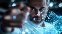 Mature bearded Caucasian man with intense gaze surrounded by glowing blue particles and bokeh effects creates mystical atmosphere in dark setting. Digital art concept.