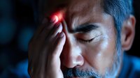 Middle-aged Asian man with gray hair and beard experiencing severe headache or migraine, pressing fingers against temple with red glow effect in dark setting.