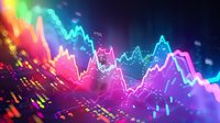 Colorful financial market charts and graphs with neon glowing lines showing stock price movements against dark background, digital trading data visualization.