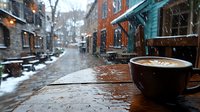 Steaming coffee cup with latte art on wooden table during snowfall in charming cobblestone street with colorful historic buildings and warm cafe atmosphere.