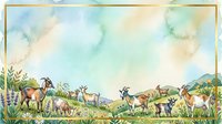 Watercolor illustration of wild goats grazing in natural landscape with mountains, wildflowers and vegetation. Suitable for nature editorial, children's books and wildlife design projects.