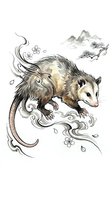 Opossum walking on decorative swirling clouds with flowing botanical elements and mountain landscape, isolated on white background for design projects.