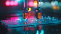 Laboratory test tubes with liquid samples over microplate illuminated by neon pink and blue lights creating modern scientific atmosphere with bokeh effect.