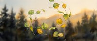 Autumn leaves floating in air against mountain landscape at sunset with forest silhouettes, seasonal nature scene for fall designs and environmental concepts.