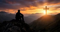 Man sitting on mountain peak contemplating wooden cross at sunrise with dramatic orange sky and layered mountain ranges creating spiritual moment.