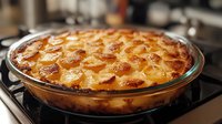 Golden scalloped potatoes layered in creamy sauce baked to perfection in glass dish, with crispy browned edges and bubbling cream visible through overlapping potato slices.