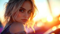 Young woman with tousled blonde hair looking over shoulder at sunset, warm golden light illuminating face against blurred bokeh background, natural beauty portrait.