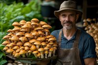 Mature Caucasian male farmer in apron and hat proudly displaying fresh harvested honey fungus mushrooms growing in large cluster, sustainable agriculture concept.