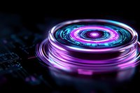 Glowing neon circles with purple and blue light effects on dark background create futuristic technology concept with digital circuit pattern.