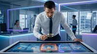 Professional businessman using interactive touchscreen display in modern office environment with digital interface technology and data visualization.