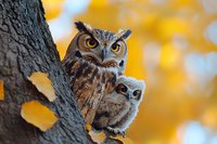 Great horned owl with owlet perched on tree branch against blurred golden autumn background, wildlife photography showing maternal care in nature.