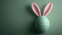 Decorative Easter egg with knitted pink bunny ears and mint green polka dot pattern on dark green background, creative holiday concept for seasonal design.