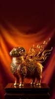 Golden ram figurine with ornate patterns and flame motifs on wooden base against warm orange and red gradient background for luxury decor concepts.