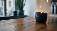 Black ceramic bowl with textured surface on wooden table against blurred window background with bokeh lights and houseplant, creating cozy atmosphere.