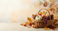 Autumn harvest basket with pumpkins, apples and colorful fall leaves on warm beige background for seasonal decoration and thanksgiving celebration.