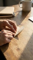 Person with light skin tone writing on white notepad at wooden desk with coffee mug and spiral notebook, suitable for business, education, and creative work concepts.