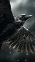 Majestic black raven in flight against moody gray sky with falling snowflakes, showcasing detailed feathers and sharp beak in dramatic lighting.