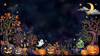 Spooky autumn night scene with jack-o-lanterns, haunted house, ghost, crescent moon, and decorative fall foliage on dark starry background. Perfect for Halloween designs.