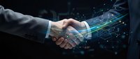 Business handshake with digital network overlay representing partnership, collaboration and technology integration in corporate environment.