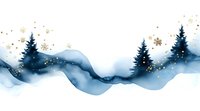 Watercolor winter landscape with blue flowing waves, silhouettes of pine trees, and golden snowflakes creating magical holiday atmosphere. Perfect for seasonal designs.
