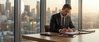 Professional businessman in suit writing documents at modern office desk with city skyline view during golden hour sunset lighting for corporate presentations.