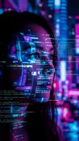Young Asian woman programmer with coding text overlay in neon cyberpunk lighting for technology and software development concepts.