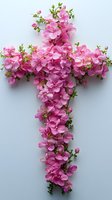 Pink petunias arranged in cross shape with green foliage on white background, isolated floral design element suitable for religious artwork, greeting cards, and decorative projects.