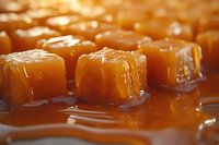 Soft caramel candy cubes with melted caramel sauce creating glossy reflection. Rich golden brown sweet dessert confectionery in macro photography.