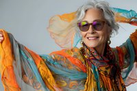 Stylish senior woman with silver hair wearing sunglasses and colorful silk scarf, expressing joy and vitality against light background. Fashion and lifestyle concept.