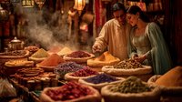 Romantic couple exploring vibrant spice market with colorful mounds of exotic spices, dried herbs, and aromatic ingredients in traditional bazaar setting.