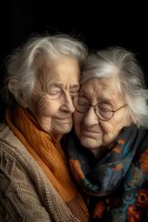 Tender moment between two elderly women with silver hair embracing, wearing colorful scarves and warm sweaters against dark background, expressing joy and friendship.