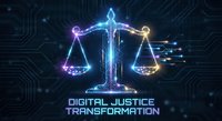 Digital justice scales with neon glow on circuit board background representing legal technology transformation and AI law innovation for modern jurisprudence.