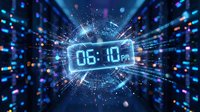 Futuristic digital clock displaying 06:10 PM surrounded by glowing blue light rays and data streams in cyberpunk style for tech presentations.