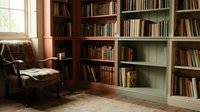 Cozy reading corner with vintage leather armchair and floor-to-ceiling bookshelves filled with classic literature in warm sunlit home library interior.