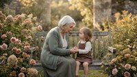 Grandmother and granddaughter sharing tender moment on garden bench surrounded by blooming roses during golden hour sunset light for family bonding concepts.
