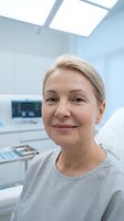 Middle-aged Caucasian female doctor smiling in modern medical facility with advanced equipment and natural lighting from skylight overhead.