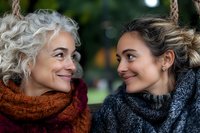 Happy mature woman with curly gray hair and young woman with braided hair smiling at each other outdoors wearing cozy scarves in autumn setting.