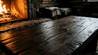 Rustic wooden table with warm fireplace glow in cozy cabin interior, perfect for home decor and lifestyle content.