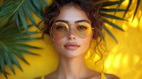Young woman with yellow tinted glasses and natural makeup against vibrant yellow background with tropical palm leaves creating summer mood and shadow play.