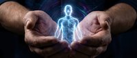 Hands of a middle-aged Caucasian male cradling a glowing neon blue human skeleton figure, symbolizing healthcare, wellness, and medical protection concepts.