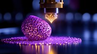 Glowing purple geometric sphere with intricate lattice pattern illuminated by warm light source, surrounded by sparkling particles on reflective surface.